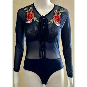 Fashion Girls | Women's Sheer Mesh Embroidered Floral Dance Bodysuit | Medium